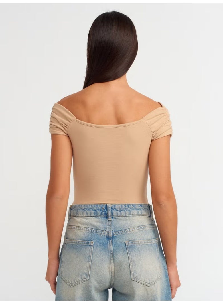 Dilvin 20828 Off Shoulders Gathered Bodysuit-Beige - Image 2